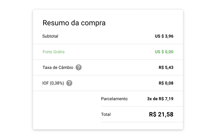 Descrição do valor total - frete grátis